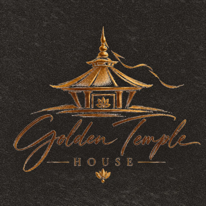 Golden Temple House gold temple mark on a dark card
