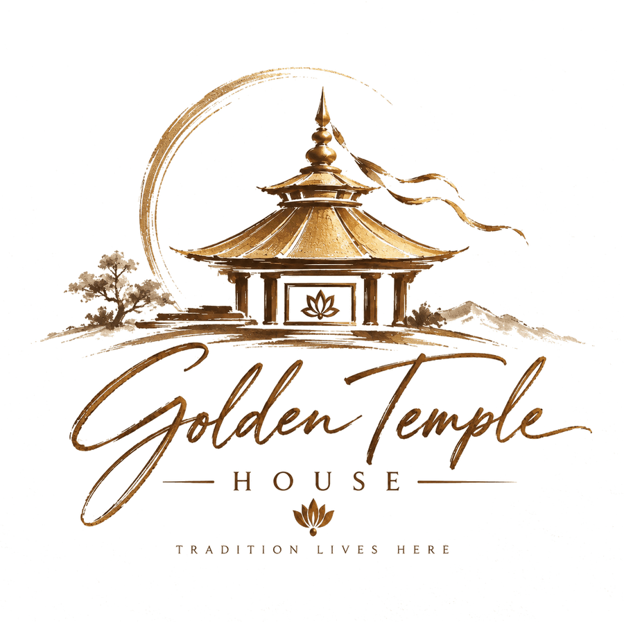 Golden Temple House: an illustrated Nepali pagoda temple above a script wordmark
